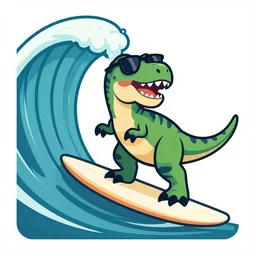 a t-rex with shades surfing a wave, vector
