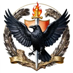 a crow, wings extensded, within a circle, feathered reef surrounding, burning sword and sheild behind, full colour, family crest, coat of arms, very detailed, jonathan pointer, janie penny,