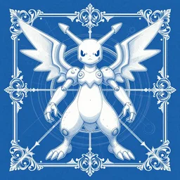 blue paper, full page schematic of mid - century 1 9 0 0 s detailed concept art of the pokemon mewtwo, baroque style illustration, precise lineart symmetry