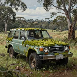 hyper realistic painting of an abandoned JZX100 twin turbo covered with moss, an Australian summer landscape, by Zdzislaw Beksinski