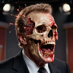 uhd hyperrealistic photorealisitc hyperdetailed detailed larry king head exploding, skull exposed, puking blood, screaming, with sparking circuits, studio lighting, by ayami kojima amano karol bak, greg hildebrandt and mark brooks