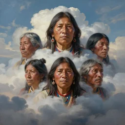 a painting of faces of old indigenous people embedded in the clouds in the sky