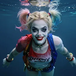 underwater portrait of emma stone as harley quinn, hyper detailed, digital art, trending in artstation, cinematic lighting, studio quality, smooth render, unreal engine 5 rendered, octane rendered, art style by klimt and nixeu and ian sprigger and wlop and krenz cushart.