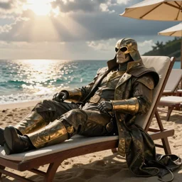 doctor doom is resting on a sun lounger near the sea, realistic, detailed