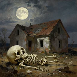 old village, broken house, skeleton corpse, oversized destroyed skull on ground, dramatic sky, ground broken, strong backlight, big moon, oil painting landscape by frazetta