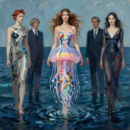 a surreal digital painting of a model wearing a jellyfish dress rising up from the sea by anny leibovitz, greg rutkowski, paolo roversi, ( ( ( mucha ) ) ) ( ( ( iris van herpen ) ) )