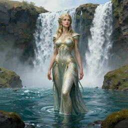a full body portrait of a beautiful post apocalyptic offworld neoicelandic biofarmer swimming by the waterfalls, intricate, elegant, highly detailed, digital painting, artstation, concept art, smooth, sharp focus, illustration, art by krenz cushart and artem demura and alphonse mucha