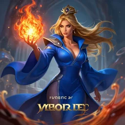 Who : a mage with a blue robe casting a fire ball ; Face and hair : Amber Heard ; Body type : Kim Kardashian ; Clothes : covering ; IMPORTANT : League of Legends official splash art, award winning, trending in category \'hyperdetailed\'