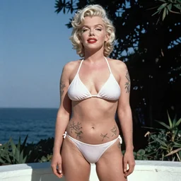 marilyn monroe in a bikini with full body yakuza tattoos