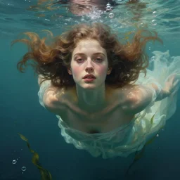 hyper realist matte digital painting of a young beautiful woman, beautiful face, jugendstill, floating in water, weightless, bubbles rising, seaweed, headspace, fairytale, fantasy art, photo realistic, dynamic lighting, artstation, volumetric lighting, by mucha, by charlie bowater, by karol bak, by alma tadema