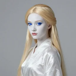 beautiful swedish lady with long blonde hair wearing hanfu shiny white skin, void demonic blue eyes, by vermeer