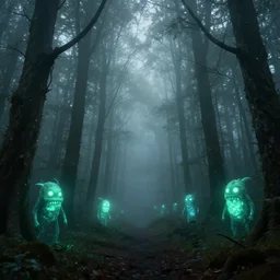 A beautiful but eerie forest, shrouded in mist that is filled with scary glowing monsters, in the style of Keith Thompson and Zdzislaw Beksinski, Artstation HD, 8k, Surrealistic digital artwork,