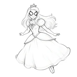 princess spiderman, full figure, flying, disney, marvel, cape superhero, tiara dress, in the coloring book style, black and white,