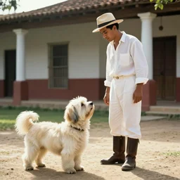 a young man wearing a canotier cuban hat, crisp white linen shirt and slacks, leather boots, speaking to a large cream - colored havanese dog, outside a hacienda in cuba, 1 9 0 0, tartakovsky, atey ghailan, goro fujita, studio ghibli, rim light, mid morning lighting, clear focus, very coherent