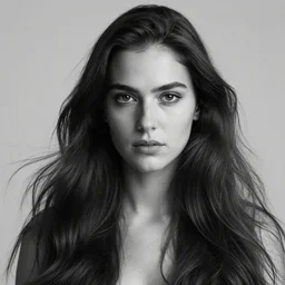 a black and white photo of a woman with long, flowing hair. she has a serious expression on her face, and her eyes seem to follow you as you move.