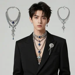 a photographic character model design of a very handsome shy young man wearing excessive jewelry in an ornate and elegant way