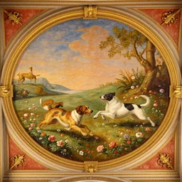 A baroque painting of dogs running in fields of flowers, painted on the ceiling of a basilica by Michelangelo, gold and red color palette