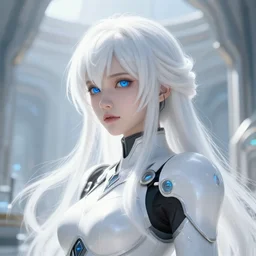 perfect white haired girl, warframe armor, beautiful, dreamy, pretty face, blue cyborg eyes, portrait, detailed, bright light, scifi, elegant, utopian architecture in the background, laboratory, 4 k, ultra realistic, aura of light, cinematic, highly detailed, intricate, masterpiece, art by akihito tsukushi, akasuki brightmind