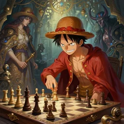 luffy and cthulhu playing chess, 8 k, from waist up, fantasy, stunning, intricate, elegant. highly detailed, digital painting. artstation. smooth. sharp focus. illustration. art by artgerm and greg rutkowski and alphonse mucha and zdzislaw beksinski