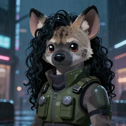 character portrait of a female anthro hyena fursona with a cute beautiful attractive furry face and long black curly hair wearing a bulletproof vest in a cyberpunk city at night while it rains. hidari, color page, tankoban, 4K, tone mapping, Akihiko Yoshida.