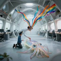 a perfect 1 9 8 8 colour photograph of a citizen, kneeling over a translucent gargantuan giant squid, in an spinning open plan fractal cuboid office. silk ribbons of rainbow shades fluttering emerge from the person's eyes. perfect focus, colour and lighting.
