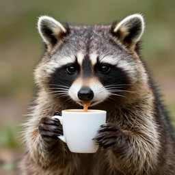 mad racoon drinking coffee