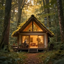my grandpa build a cozy home in deep forest, golden ratio and artistic photo composition, bokeh