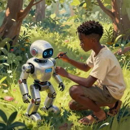 a black kid fixing his futuristic robot in the nature, mixing solarpunk, afropunk ( ( ( ( volumetric light ) ) ) ), high angle, part by pearl fryar, part by prince damah, sunny day, trending on artstation, cinematic view, illustration, painting, realisticr
