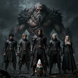 A portrait of a monstrous    giants and dwarf's by Greg Rutkowski, Sung Choi, Mitchell Mohrhauser, Maciej Kuciara, Johnson Ting, Maxim Verehin, Peter Konig, Bloodborne, 8k photorealistic, cinematic lighting, HD, high details, dramatic, dark atmosphere, trending on artstation