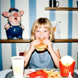 1 9 7 9 color flash photo of : 7 - year - old girl sitting at table, holding bitten burger with both hands, big smile, blonde bowl - cut hair. on left of shelf behind is color porcelain sculpture of laughing anthro pig wearing overalls & hat. on table are mcdonald's wrapper & mcdonald's cup with straw & red plate of fries with ketchup. wallpaper is white & blue vertical stripes. on shelf are metal mug & white paper bag.