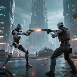 gun fight in cybernetic city