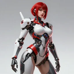 masterpiece concept art, a beautiful highly detailed futuristic mechanical lady, seductive confident pose, by greg rutkowski and geof darrow, 8 k, intricate detail, cinematic lighting, red white and black colors