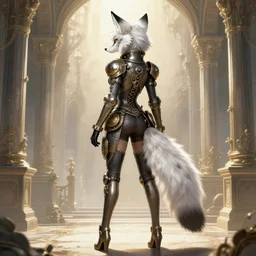 the full body of anthropomorphic lynx fursona from behind wearing a steampunk suit as unimaginably beautiful, gorgeous, elegant, young woman with lynx head, an ultrafine hyperdetailed illustration by furaffinity, intricate linework, white fur, unreal engine 5 highly rendered, global illumination, radiant light, detailed and intricate environment, no feral