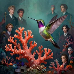 mixed media, a brutalist designed, vivid colours, cryptic, coral, hummingbird, mysterious, dramatic, coral, hummingbird, mysterious, pop surrealism ， by james jean, roby dwi antono, ross tran, steven kenny, paul neberra, rene francois ghislain magritte, atmospheric, trends at artstation. unreal engine, 8 k masterpiece