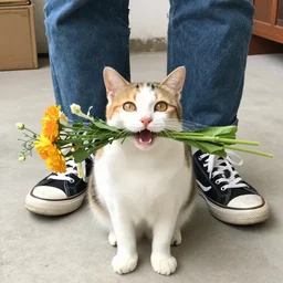wide shot photography of white cat with yellow black patterns, holding a flowers bouquet in her mouth, under a human standing wearing jeans and sneakers, large happy eyes
