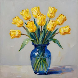 impasto oil painting of yellow tulips in a cobalt blue glass vase intricate