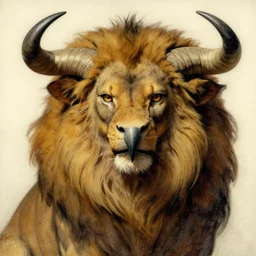 a creature with the body and eyes of a man, beak of an eagle instead of a nose, the mane of a lion, two horns of an ox on the head. drawn by frank frazetta
