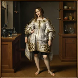 realistic museum photography of a painting of girl wearing black shorts, white ornate cloak, covered with very long brass needle spikes in a wooden medieval laboratory room in style raffaello sanzio, italian renaissance painting, detailed