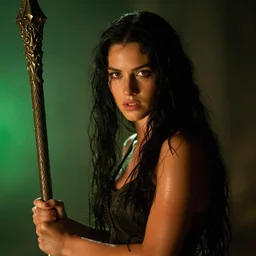 epic photo of young demi moore as beautiful d & d sorceress with very long black hair, battle scene, holding her wizard staff, sweaty, neutral expression, perfect likeness, rim light glow, low contrast, soft light, low light, green hue, shallow depth of field, photorealistic, cinematic lighting, lovely bokeh, warm colours, night time, movie quality, green glow from the left, excalibur 1 9 8 5, movie still, cinemascope