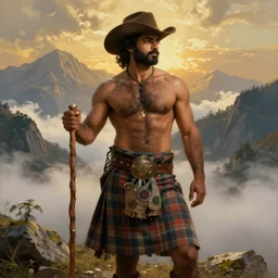 a dramatic epic beautiful painting of a very hairy handsome shirtless desi man in the mountains | he is wearing a plaid kilt and cowboy hat, and holding a walking stick | background is mountains! and clouds | dramatic lighting, golden hour, homoerotic | by mark maggiori and walter crane and rahul kohli | trending on artstation