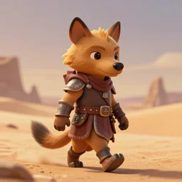 antropomorphic medieval knight hyena warrior as nendoroid walking in a desert in the croods movie style, anime, disney, pixar, 8 k, hd, dof, kodak film, volumetric lighting, subsurface scattering, photorealistic, octane render, details