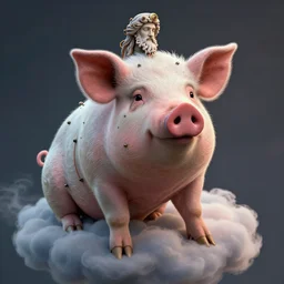 Pig mixed with a greek god sitting in the clouds, very detailed, dramatic lighting, electrical details, high details, 4k, 8k, trending on artstation, by Greg Rutkowski, Wayne Barlowe, Hajime Sorayama and Boris Vallejo