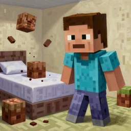 a highly detailed painting of a boy in minecraft virtual reality, he has a hateful face and must build things and destroy bed