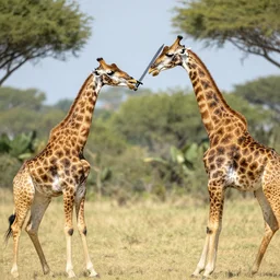 two giraffes fighting with swords