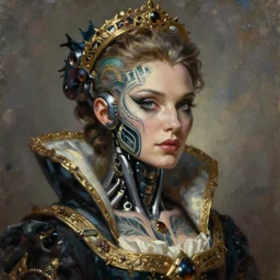 painted close - up portrait of an attractive female cyborg tattooed. oil painting, wearing a noblewoman's outfit, fantasy art by greg rutkowski and john singer sargent and gaston bussiere and greg rutkowski, xenomorph noble character design, hd