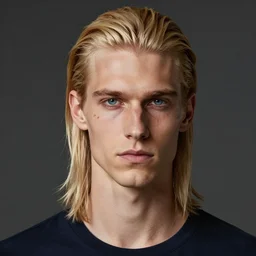 a tall, lean man with light tan skin, blue eyes, and shoulder - length, slicked - back blonde hair combed down to the nape of his neck, long face with sunken cheeks and a well defined jawline, three vertical scars over his left eye, dressed casually, art by artgerma