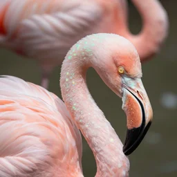 beautiful photo of a flamingo with opal pattern feathers, upclose view of head, 4 k, photorealistic, detailed, multicolor opal pattern, photographed by marina cano