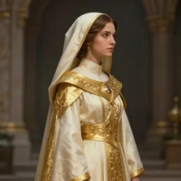 Female cleric, golden-white robes, fantasy, looking from side, artstationHD, octane, by artgerm and wlop
