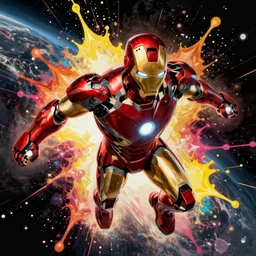 iron man flying in space by josan gonzalez splash art graphic design color splash high contrasting art, fantasy, highly detailed, art by greg rutkowski