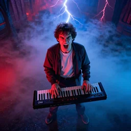 dwight schrute playing the keytar with two hands and yelling angrily, dramatic scene, heavy blue fog, red lightning, ultra wide angle, movie still, photorealistic, stranger things, netflix, upside - down, colorful lighting, grainy, aerial shot, shot from above, movie still